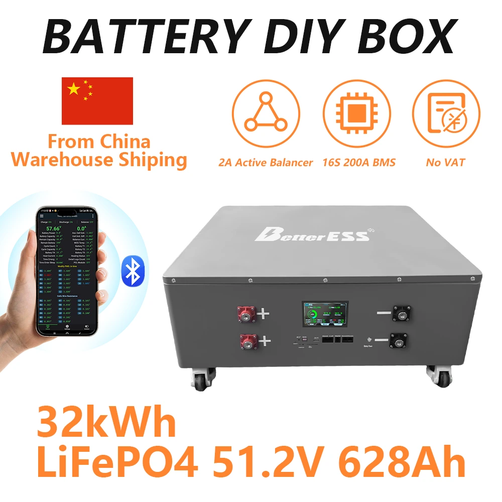 BetterESS 32kWh 51.2V 628Ah LiFePO4 DIY Battery Kit – 16S for EVE MB56 Cells with 250A JK BMS (V19) | Solar, RV & Off-Grid Energy Storage